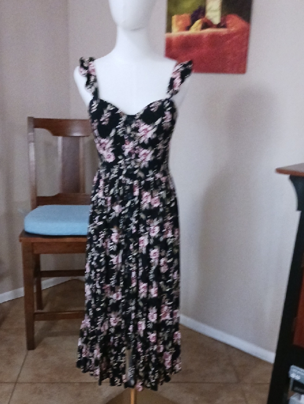 B-O-G Collective-Black Floral Midi Dress with Pink Blooms - Women's Sundress